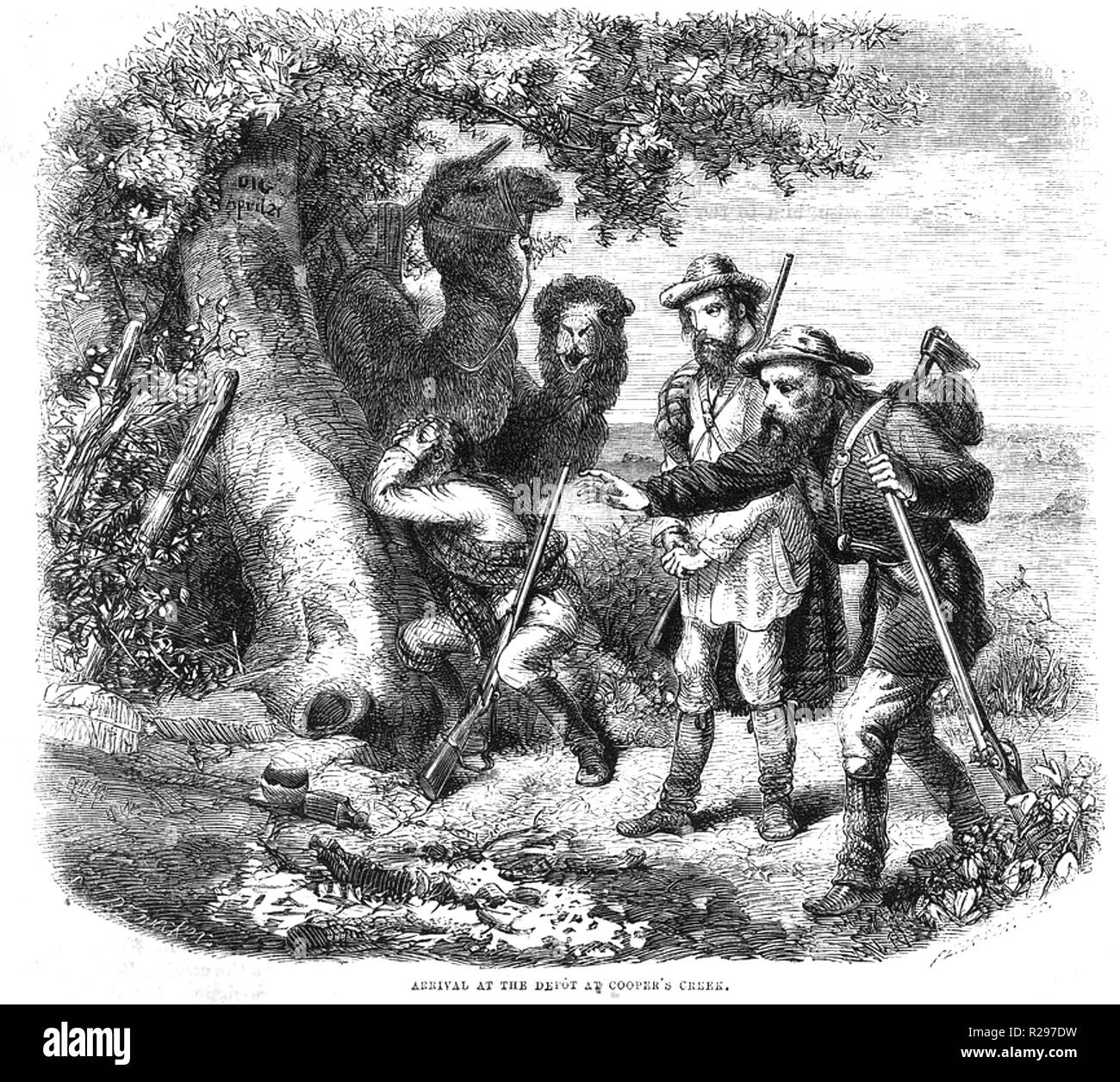 BURKE E WILLS AUSTRALIAN EXPEDITION 1860-11. Il ritorno di Cooper Creek 21 aprile 1861 contemporanea in un giornale australiano incisione Foto Stock