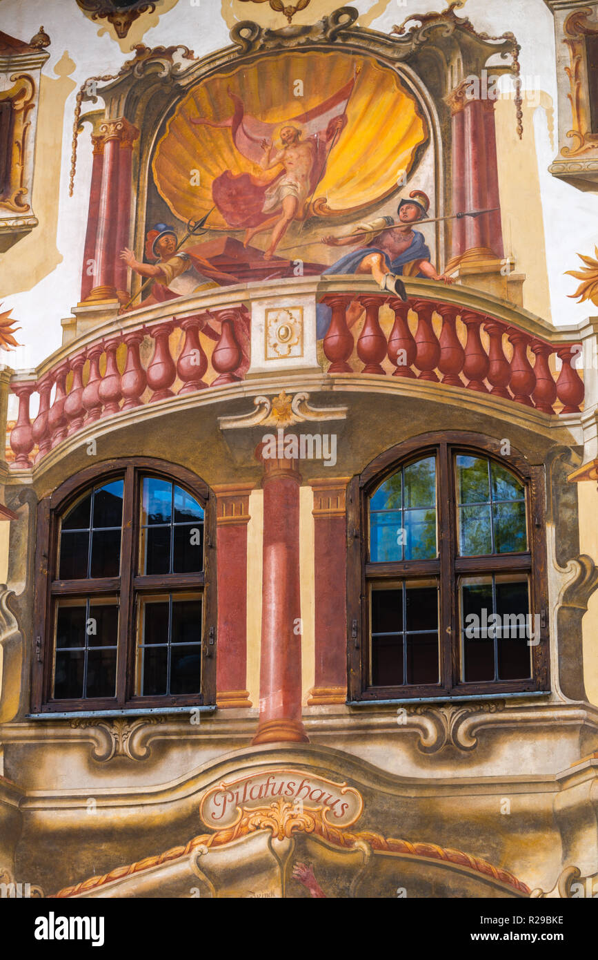 Il famoso Pilato la casa del XVIII secolo, dipinta da Franz Seraph Zwinck, Oberammergau Ammergau mine antiuomo, Alta Baviera, Baviera, Germania, Europa Foto Stock