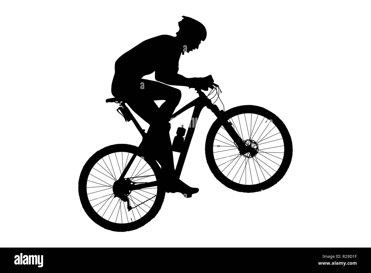 L'uomo ciclista mountain biker in sella in salita silhouette nera Foto Stock