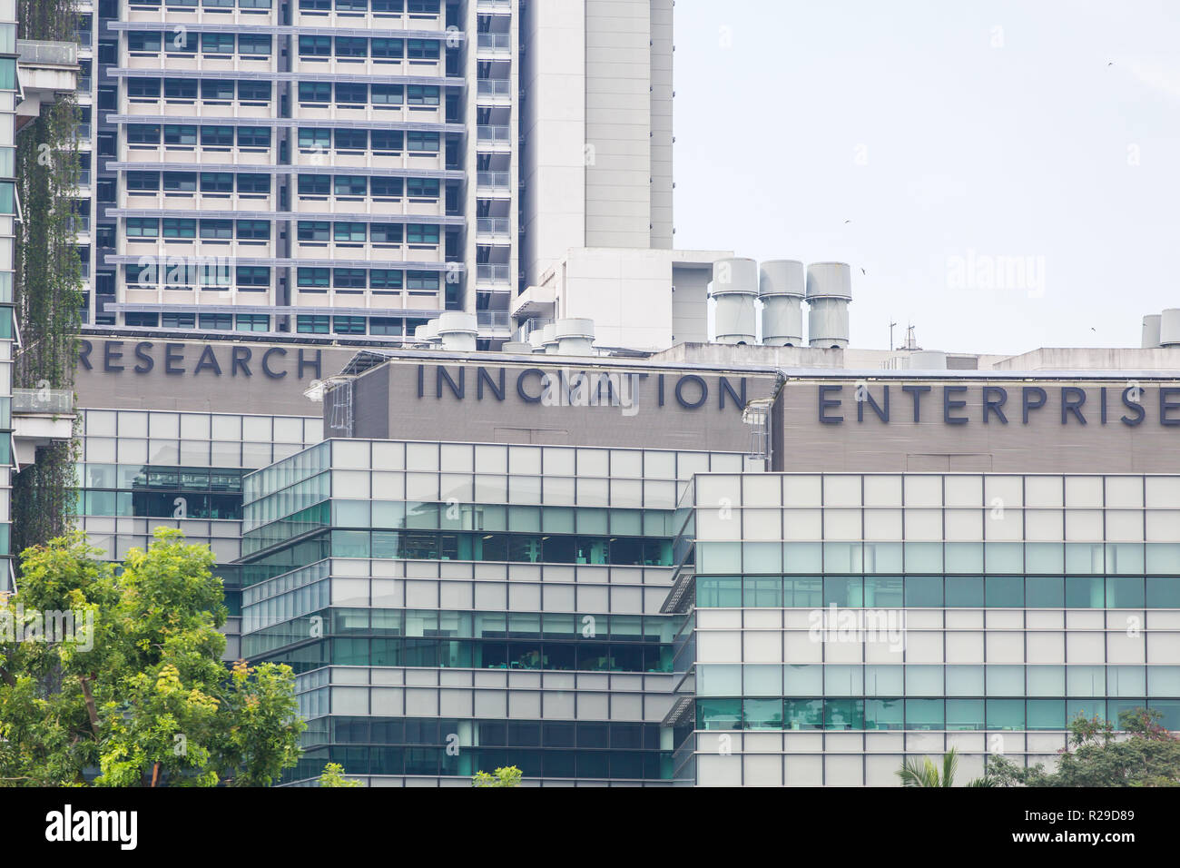 Logo di Ricerca, innovazione ed impresa sugli edifici dell'Università Nazionale di Singapore. Foto Stock