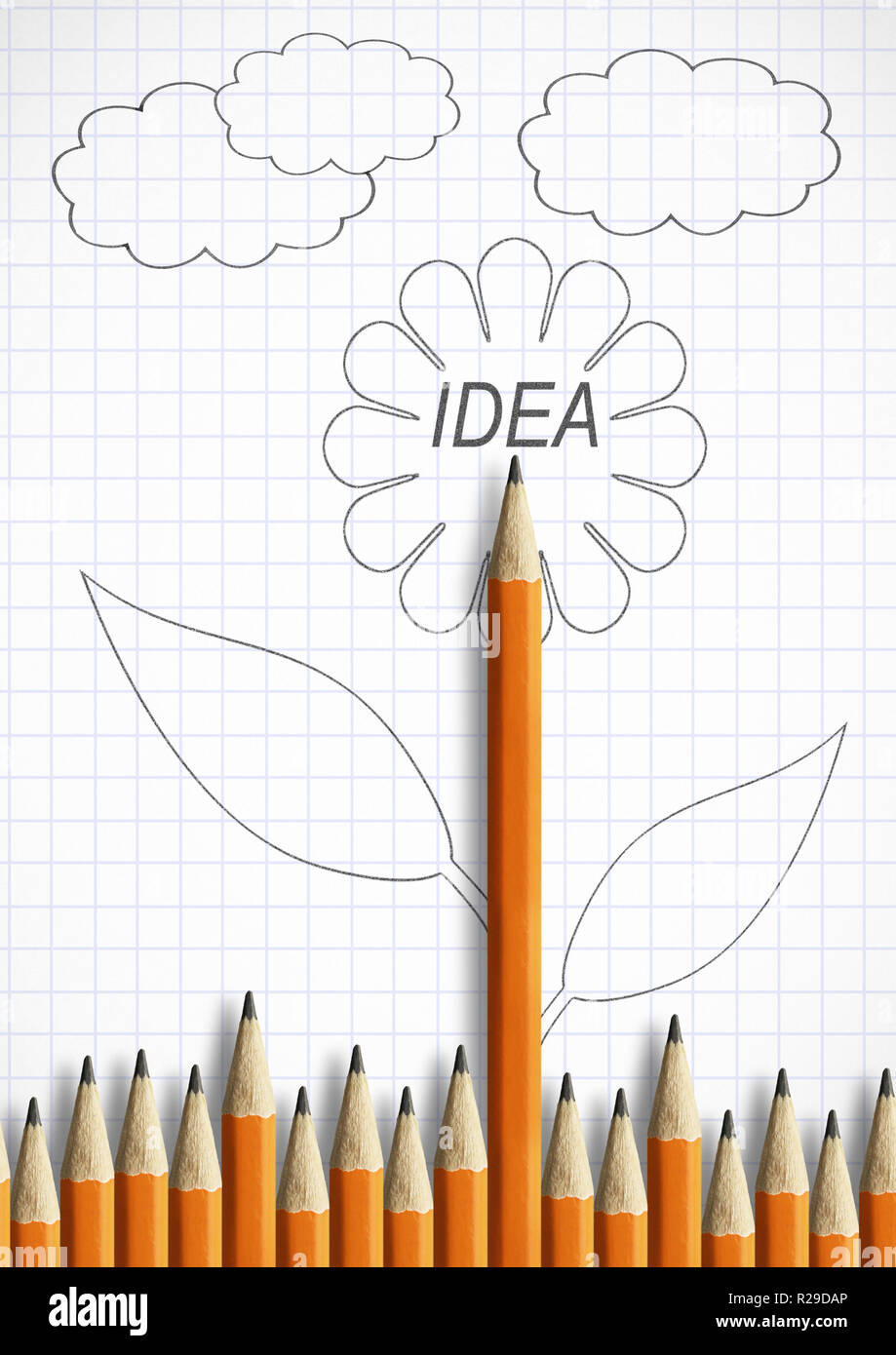 Idea il concetto di creatività, matita con foglie come fiore Foto Stock