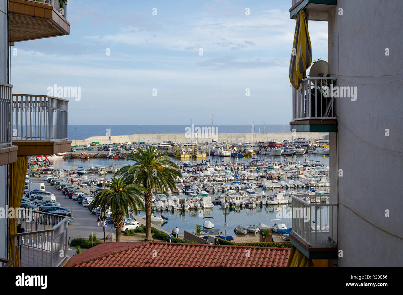Vista panoramica della baia di Blanes dall'aria in Costa Brava, Spagna Foto Stock