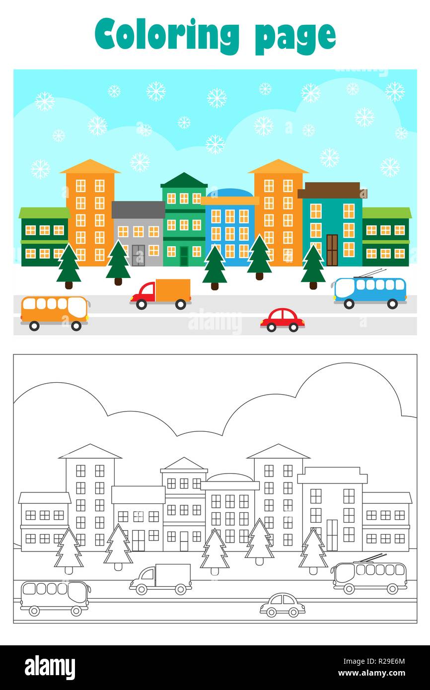 Foto Di Natale Con Snowy Città In Stile Cartoon Xmas Pagina