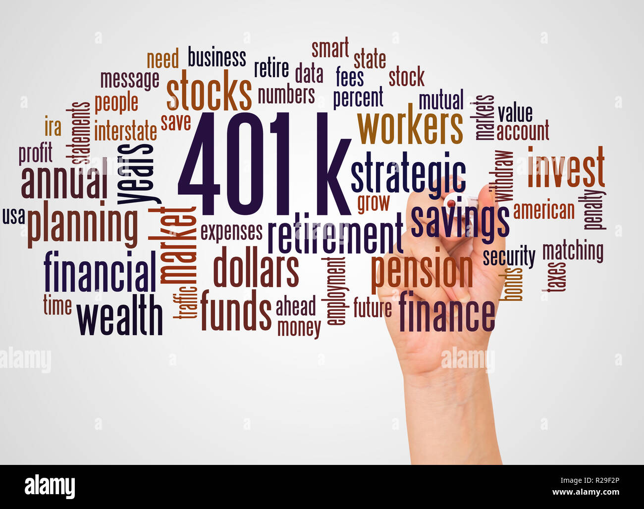 401k, word cloud e la mano con il concetto di marcatore su sfondo bianco. 401k - piano di risparmio previdenziale sponsorizzato dal datore di lavoro. Foto Stock