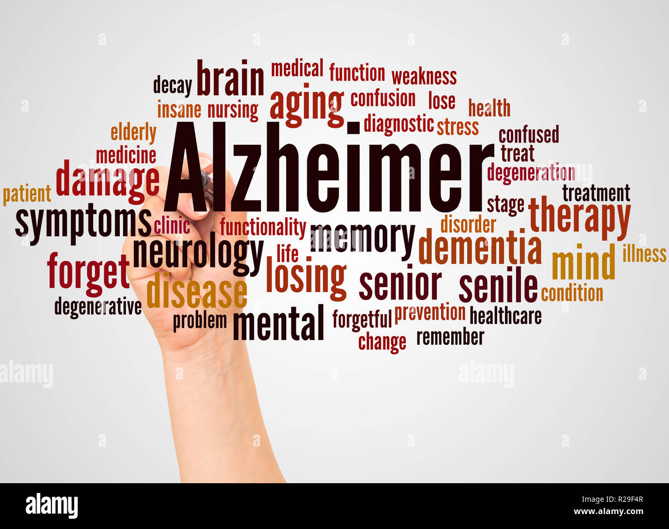 Parola di Alzheimer il cloud e la mano con il concetto di marcatore su sfondo bianco. Foto Stock