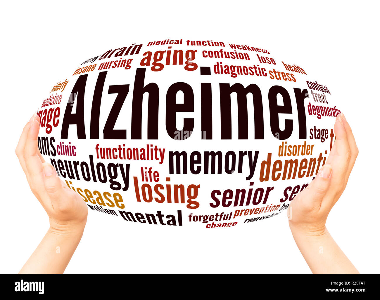 Il morbo di Alzheimer word cloud sfera mano concetto su sfondo bianco. Foto Stock