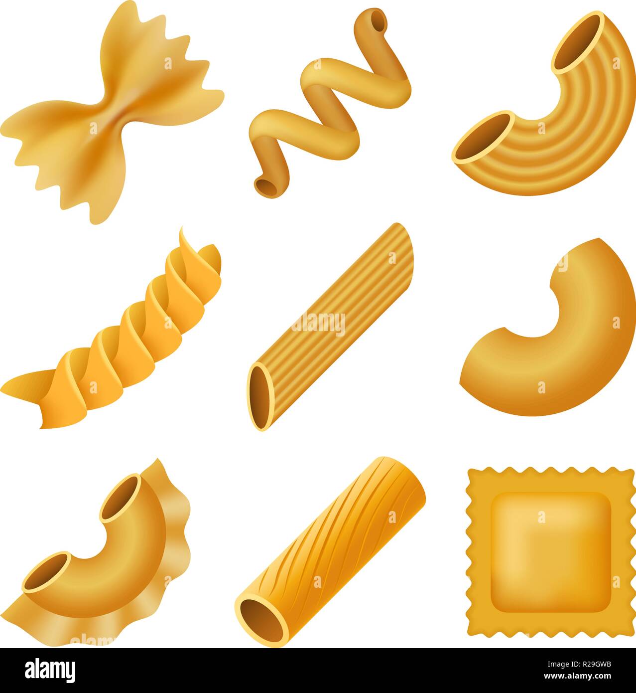 Maccheroni spaghetti mockup set. Illustrazione realistica del 9 maccheroni spaghetti mockups per il web Illustrazione Vettoriale