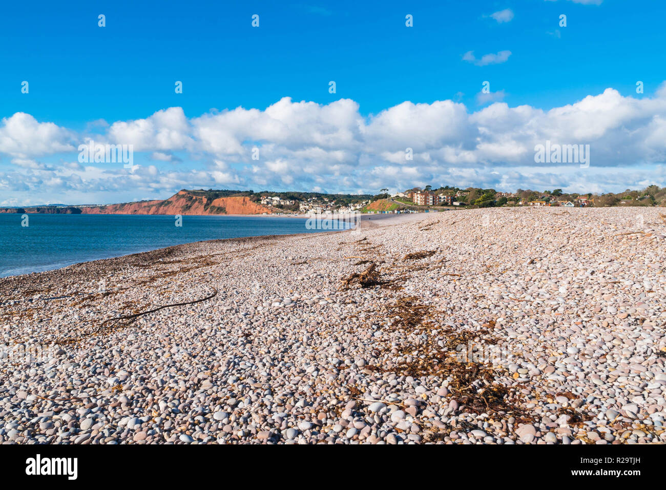 Le due miglia di spiaggia di ciottoli di Budleigh Salterton Devon UK. Ottobre 2018. Foto Stock