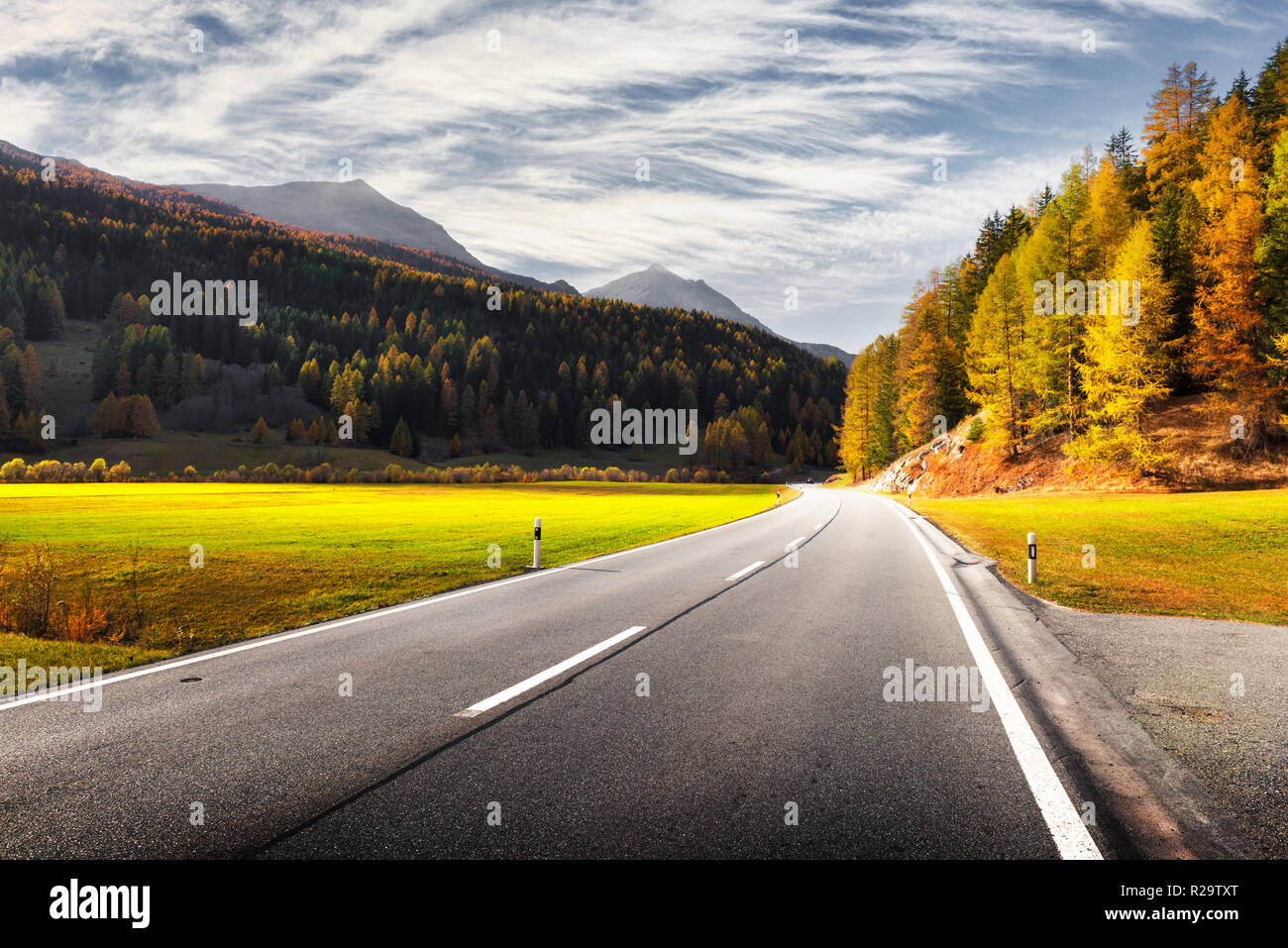 Fantastica vista della strada alpina, arancione bosco di larici e alte montagne sullo sfondo. La Svizzera, vicino alla frontiera italiana. Fotografia di paesaggi Foto Stock