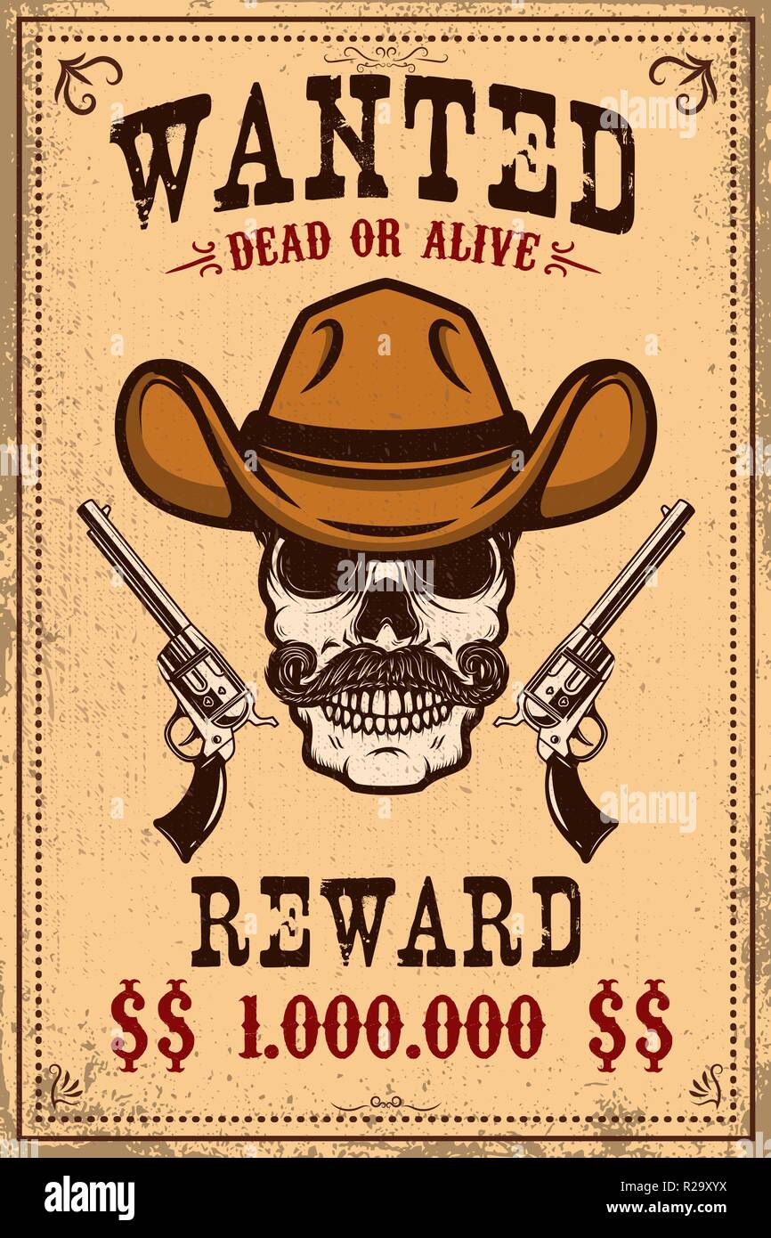 Manifesto Wanted modello. Cowboy cranio con attraversata rivoltelle. Elemento di design per poster, scheda, etichetta, segno, scheda, banner. Illustrazione Vettoriale Illustrazione Vettoriale