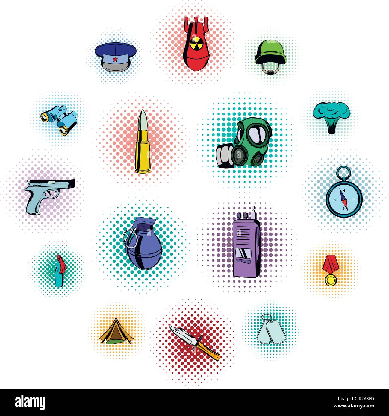 Militare e la guerra di fumetti set di icone isolati su sfondo bianco Illustrazione Vettoriale