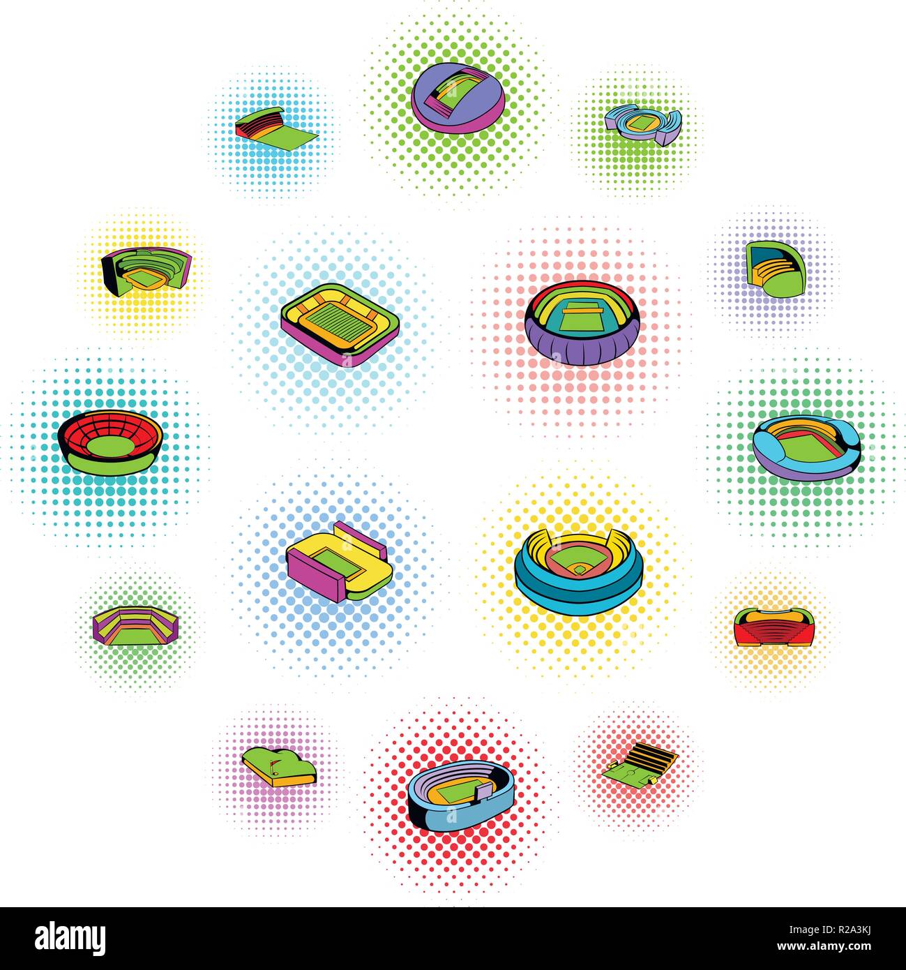 Stadium impostare le icone in stile fumetto su sfondo bianco Illustrazione Vettoriale