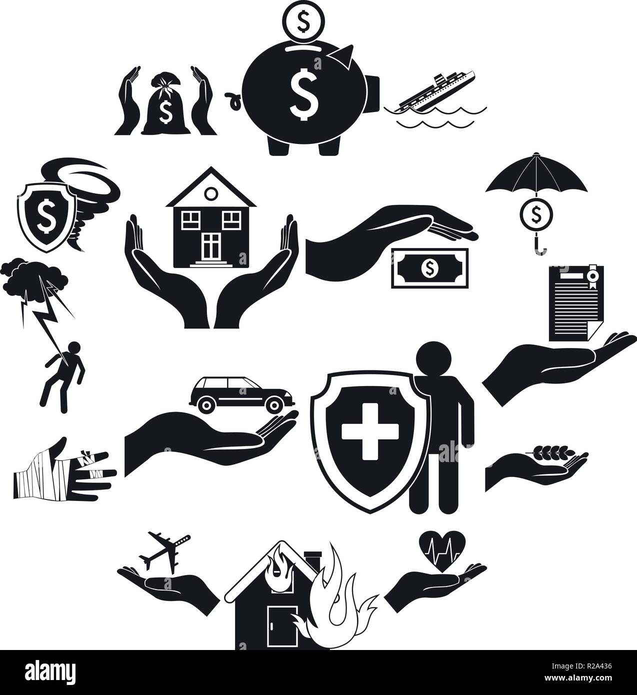 Assicurazione contro gli infortuni di set di icone in stile semplice su sfondo bianco Illustrazione Vettoriale