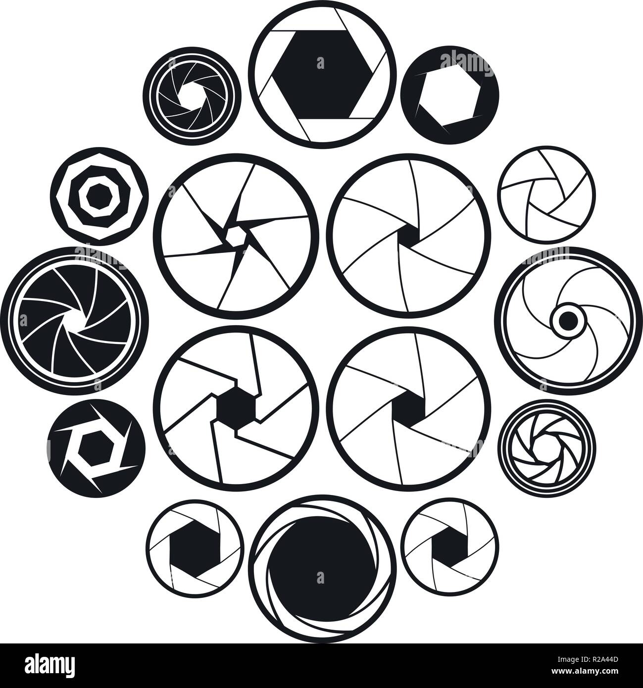 Otturatore della fotocamera set di icone in nero stile semplice per qualsiasi tipo di design Illustrazione Vettoriale