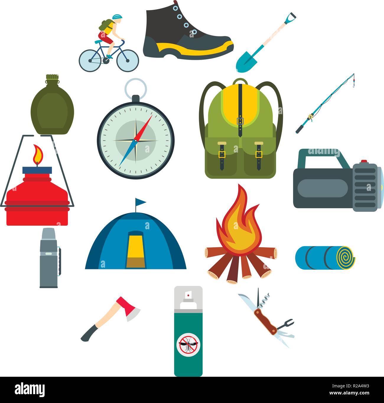Camping flat set di icone per il web e i dispositivi mobili Illustrazione Vettoriale