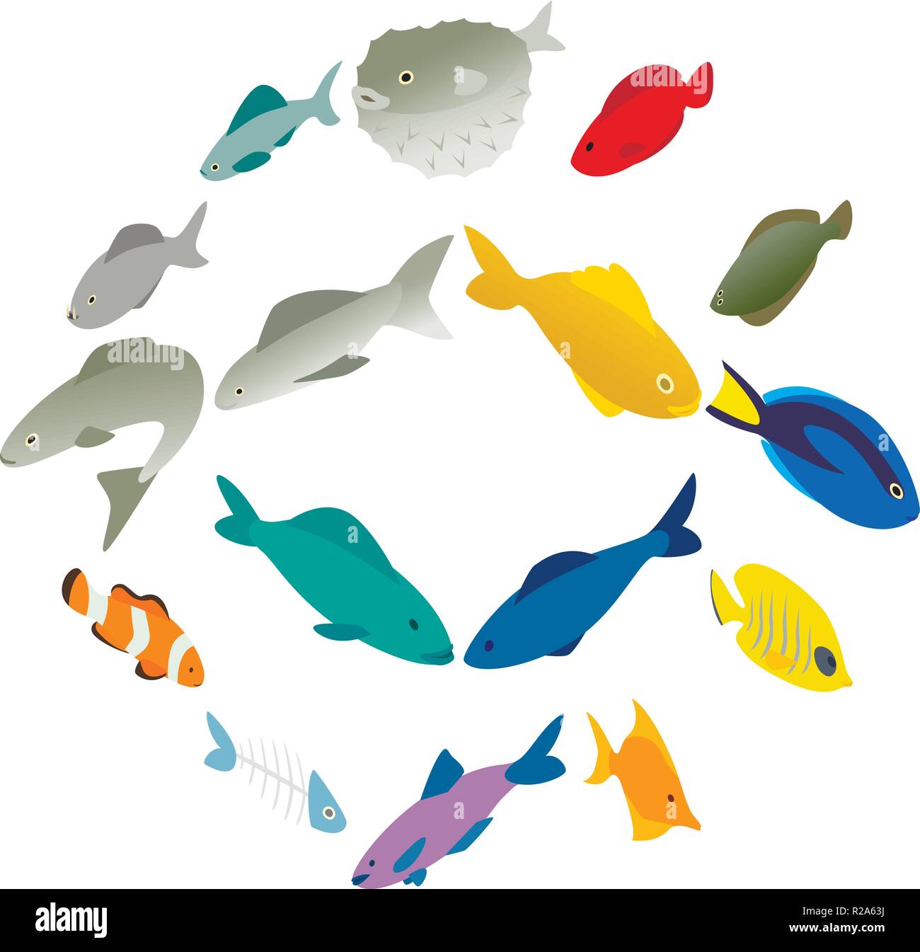 Pesce set di icone in vista isometrica 3d stile su sfondo bianco Illustrazione Vettoriale