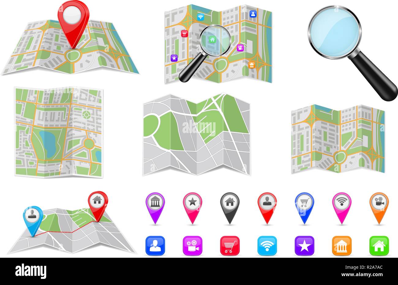 Strumenti di Viaggio - mappe della città, contrassegni della posizione, lente di ingrandimento Illustrazione Vettoriale
