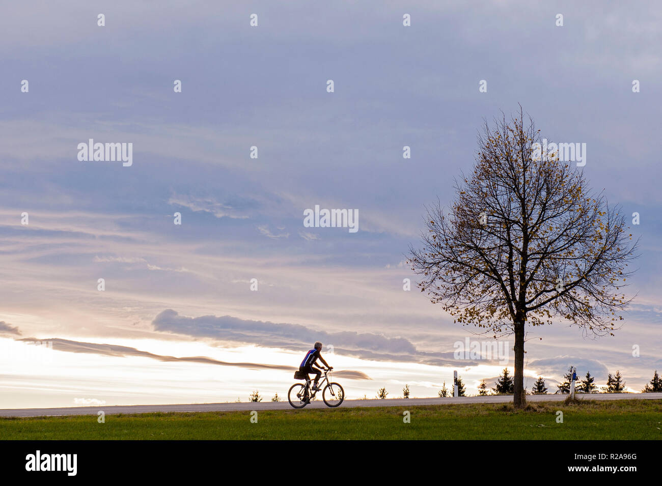 Ciclista su Hohenpeissenberg, Alta Baviera, Germania Foto Stock