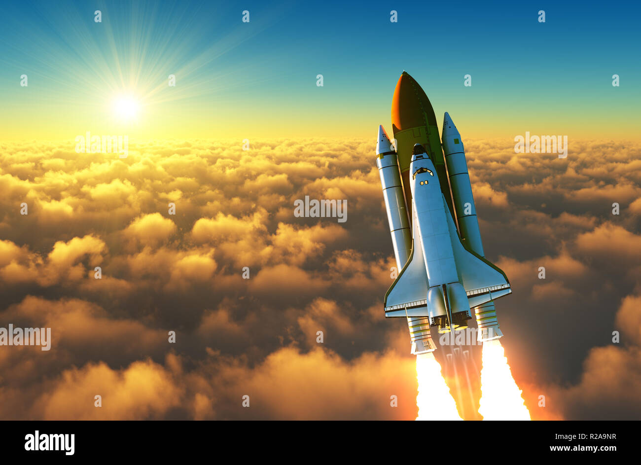 Volo della navetta spaziale al di sopra delle nuvole sotto i raggi del Sole Nascente. 3D'illustrazione. Foto Stock