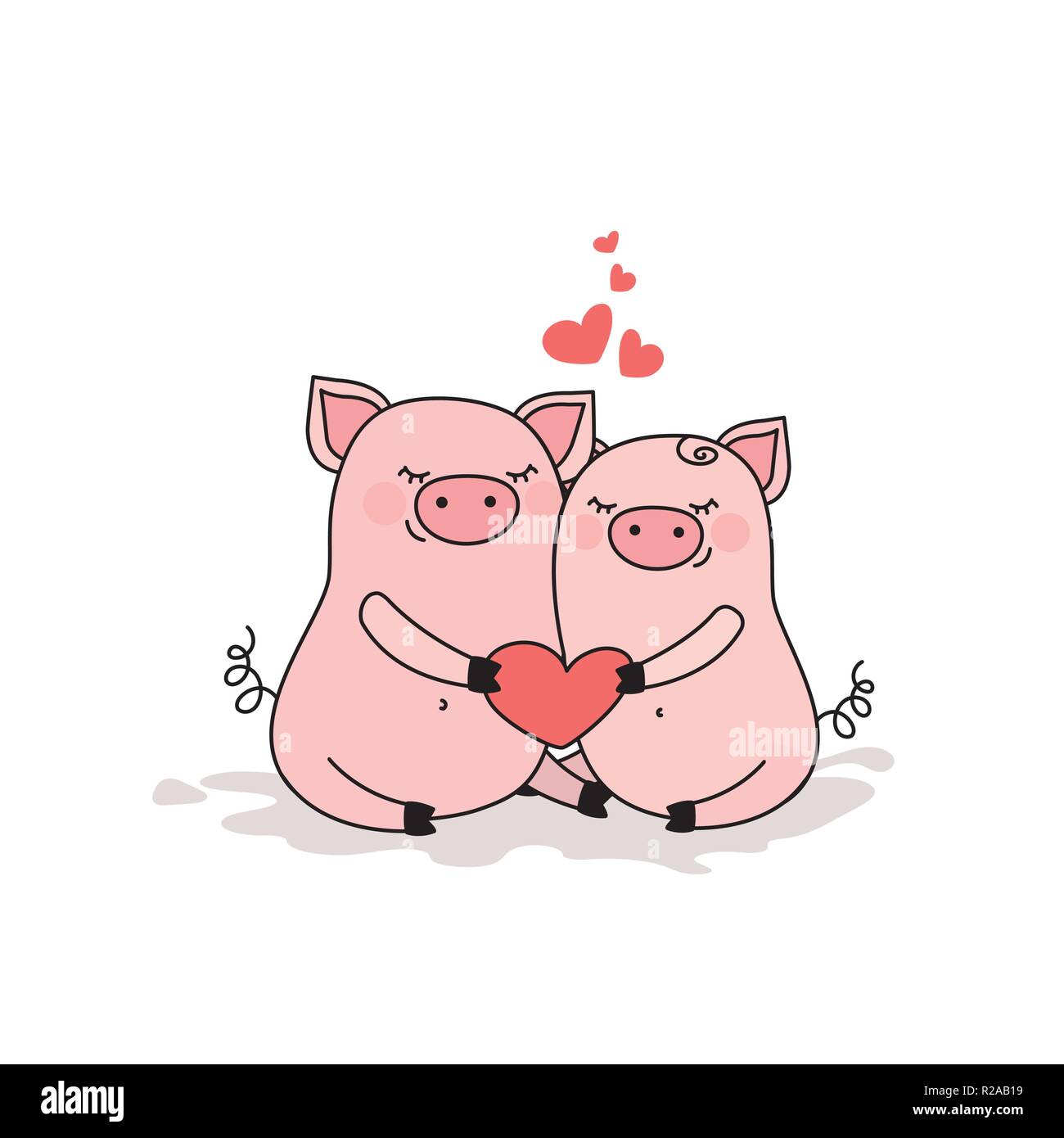 Paio di suini nell'amore,due simpatici animali con cuore,isolate su w Illustrazione Vettoriale