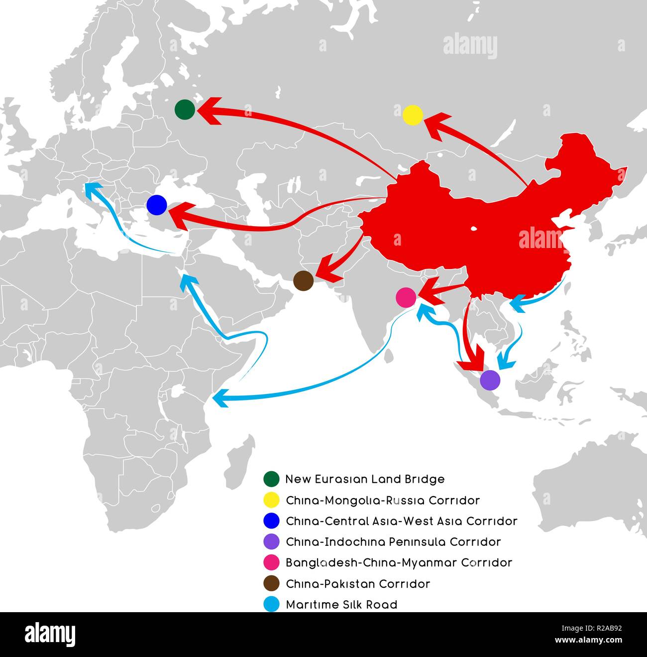 Una cinghia di una strada nuova strada di seta concetto. Il XXI secolo la connettività e la cooperazione tra paesi eurasiatica. Illustrazione Vettoriale. Illustrazione Vettoriale