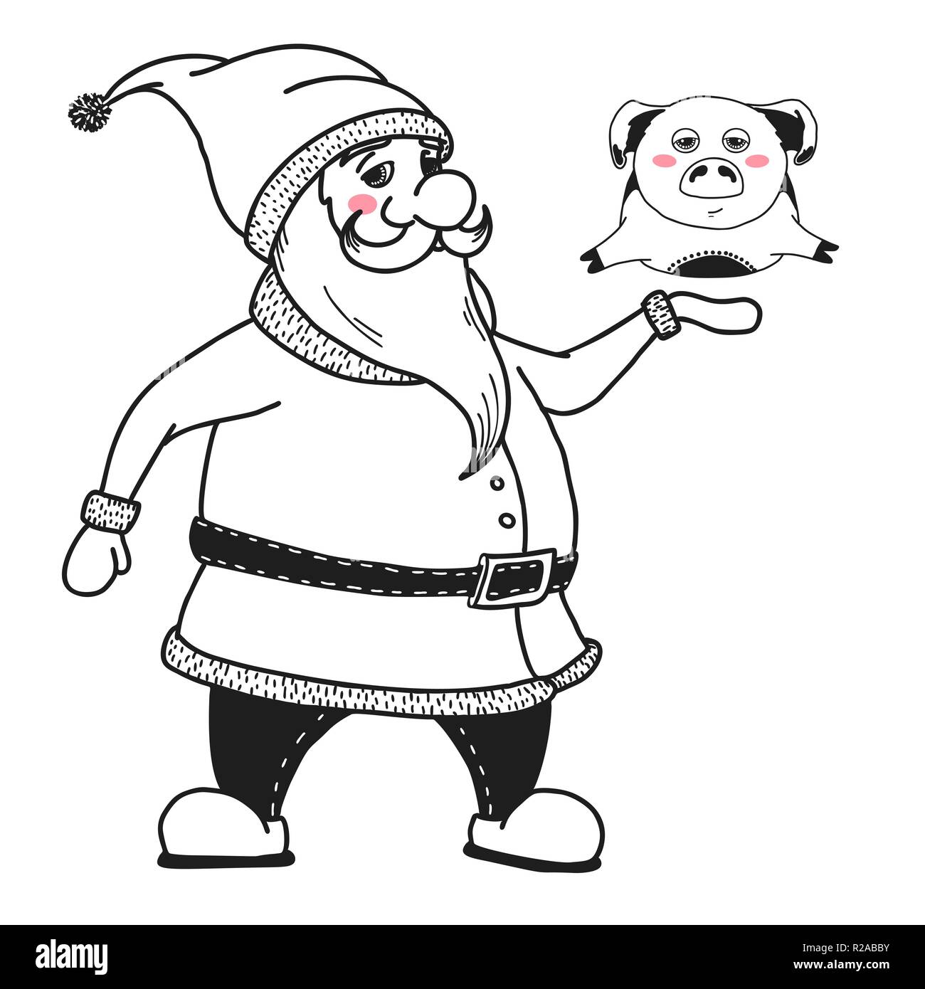 Babbo Natale è in possesso di un maiale. Illustrazioni vettoriali in stile di disegno Immagine e Vettoriale - Alamy