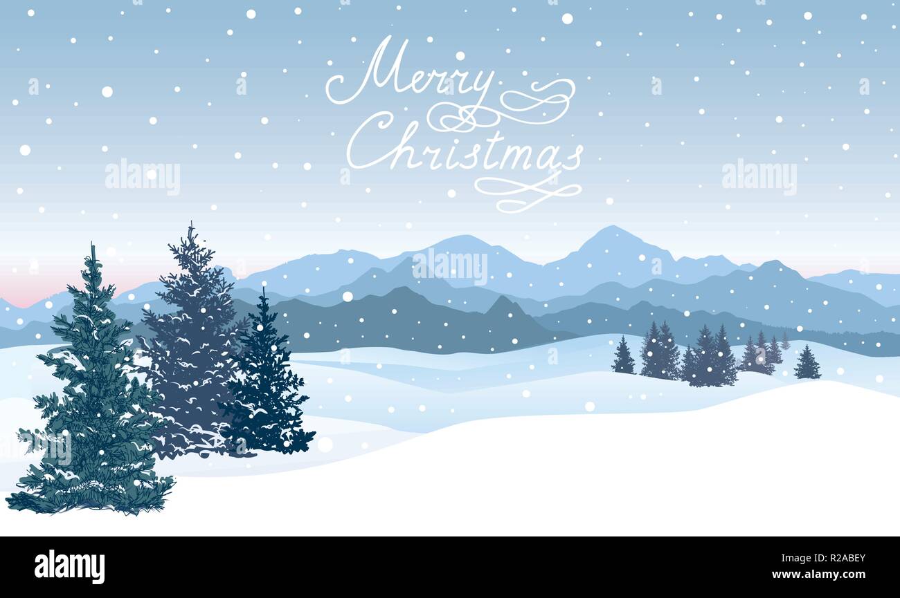 Merry Christmas greeting card. Inverno nevoso holiady natura paesaggio. Montagne di neve sullo sfondo dello skyline di Illustrazione Vettoriale