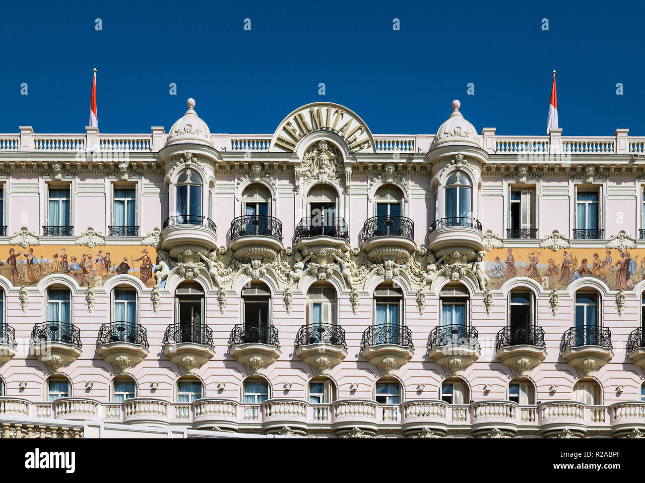 Dettagli esterni di Hermitage Hotel, Monaco. Foto Stock