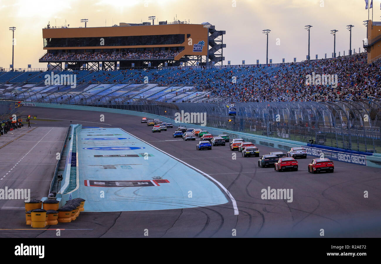 Homestead, Fla, STATI UNITI D'AMERICA. 17 Nov, 2018. Il ritmo auto porta le vetture, come un periodo di caution viene applicato, durante la NASCAR XFINITY serie EcoBoost Ford 300 campionato al Homestead-Miami Speedway a Homestead, Fla. Mario Houben/CSM/Alamy Live News Foto Stock