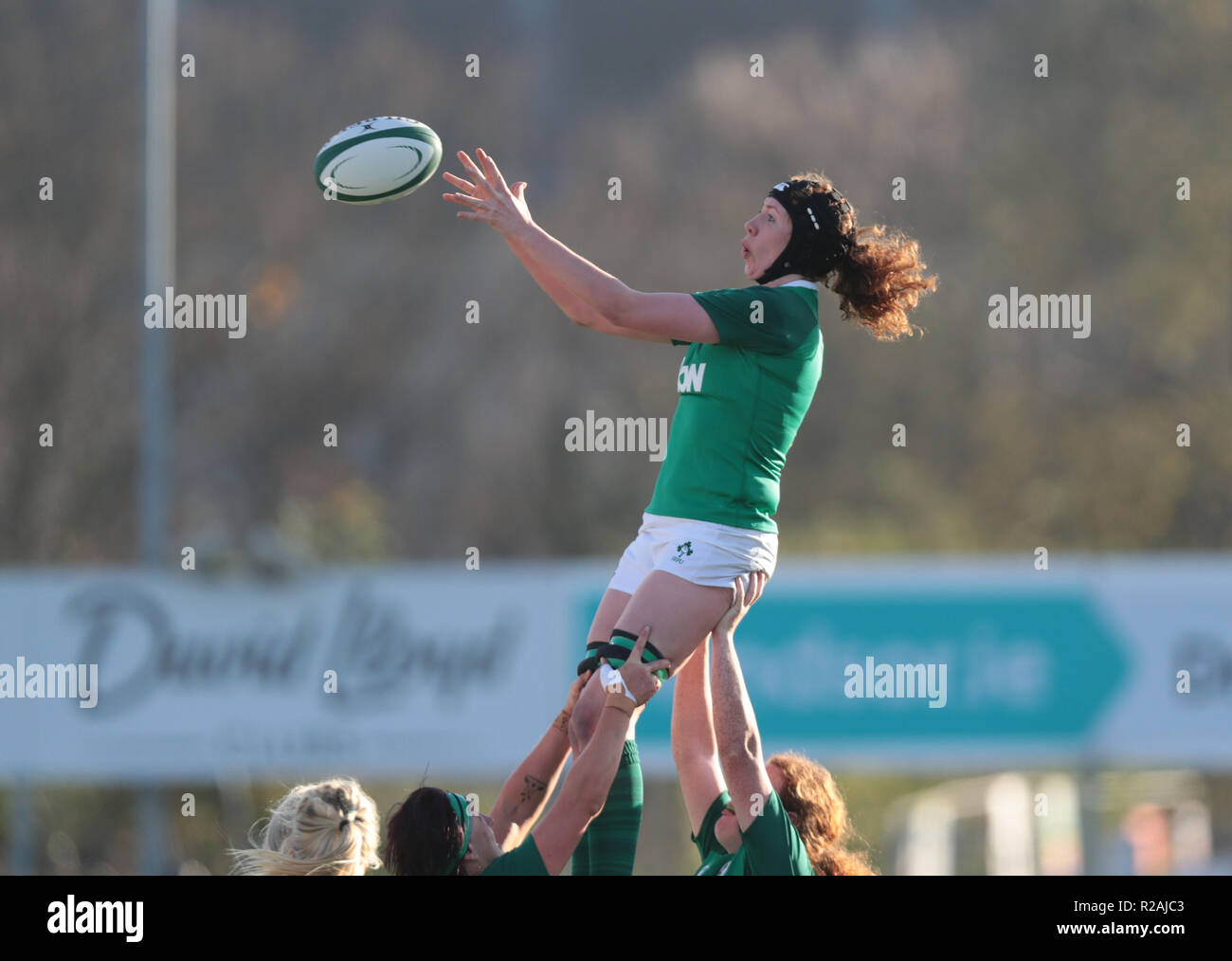 Energia Park, Dublin, Irlanda. Xviii Nov, 2018. Womens internazionale di rugby, Irlanda contro STATI UNITI D'AMERICA; Aoife McDermott (Irlanda) raccoglie la sfera lineout Credito: Azione Sport Plus/Alamy Live News Foto Stock