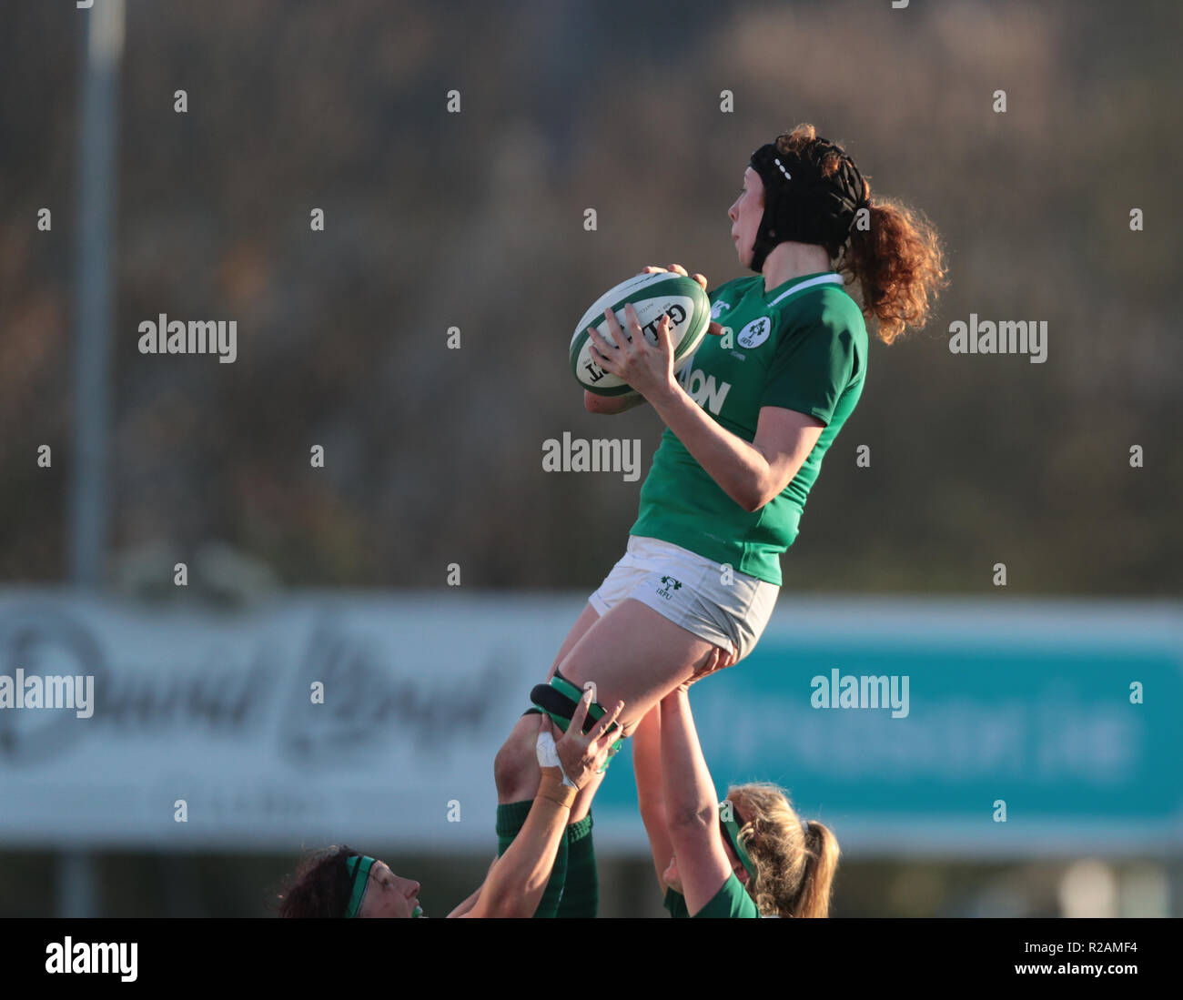 Energia Park, Dublin, Irlanda. Xviii Nov, 2018. Womens internazionale di rugby, Irlanda contro STATI UNITI D'AMERICA; Aoife McDermott (Irlanda) raccoglie la sfera lineout Credito: Azione Sport Plus/Alamy Live News Foto Stock