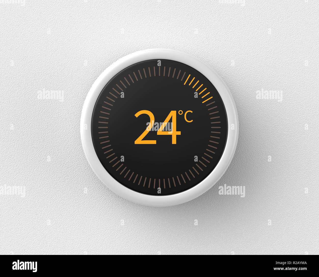 3d reso termostato intelligente che mostra la temperatura in gradi celsius montato su una parete bianca. Foto Stock