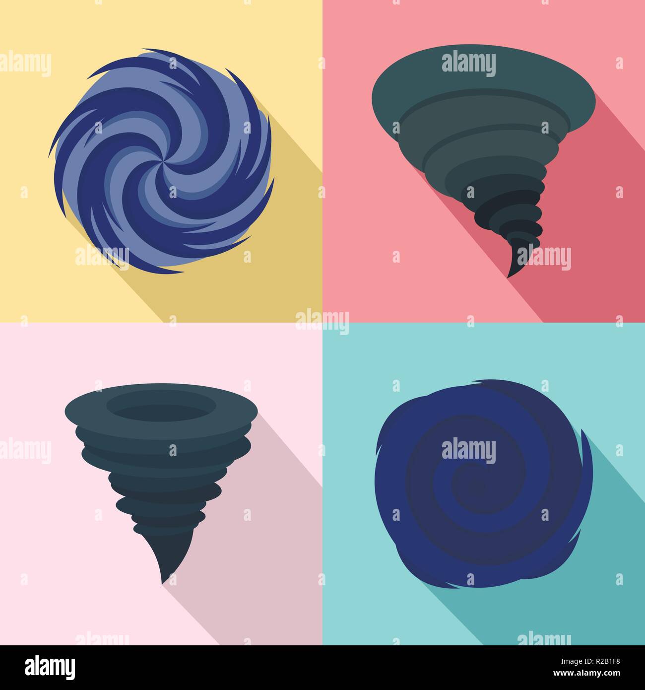 Tempesta di uragano tornado danni set di icone. Figura piana di 4 uragano storm tornado danni icone vettoriali per il web Illustrazione Vettoriale
