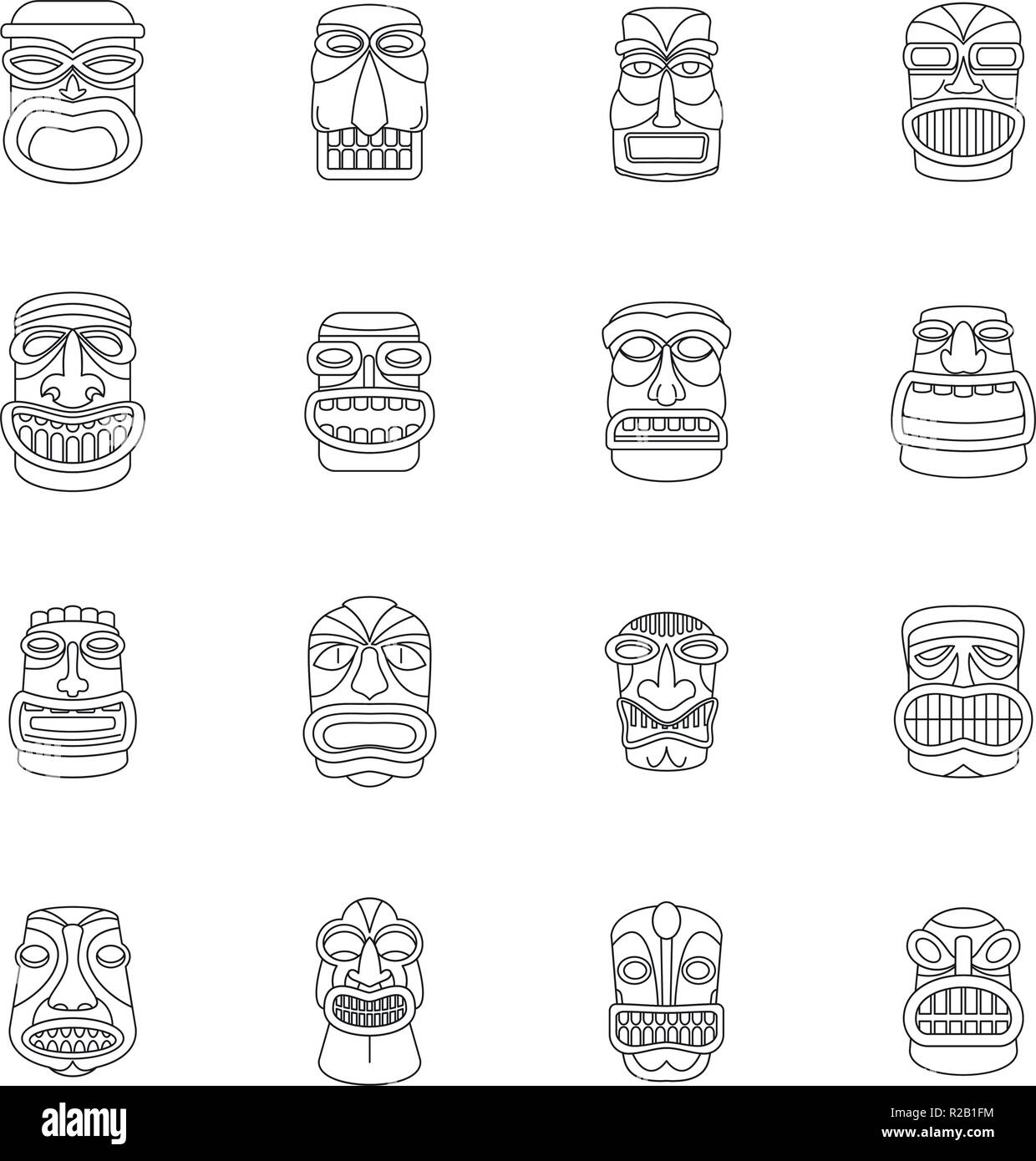 Idolo Tiki aztec hawaii faccia set di icone. Schema Illustrativo del 16 idolo tiki aztec hawaii faccia icone vettoriali per il web Illustrazione Vettoriale