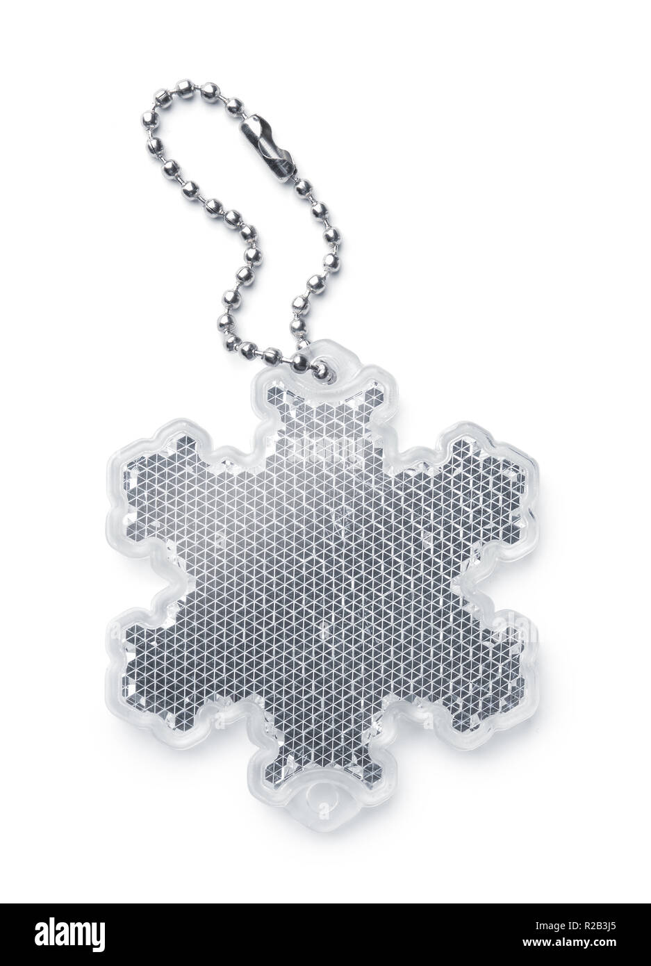 Il simbolo del fiocco di neve bianca sicurezza portachiavi riflettore isolato su bianco Foto Stock