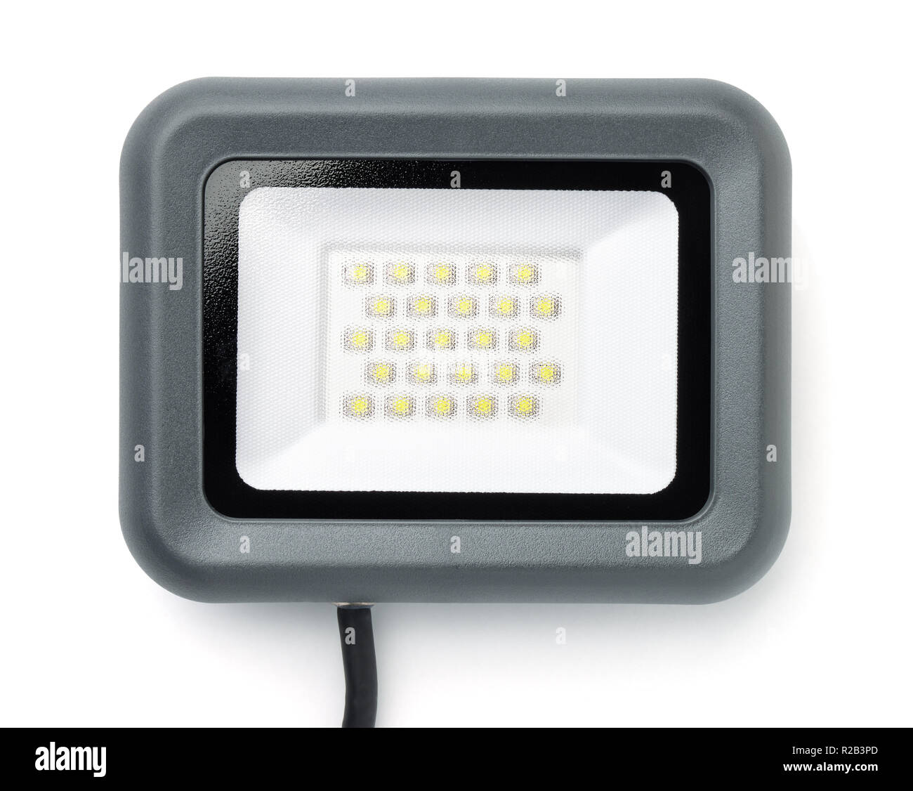Vista frontale della parete LED luce flood isolato su bianco Foto Stock