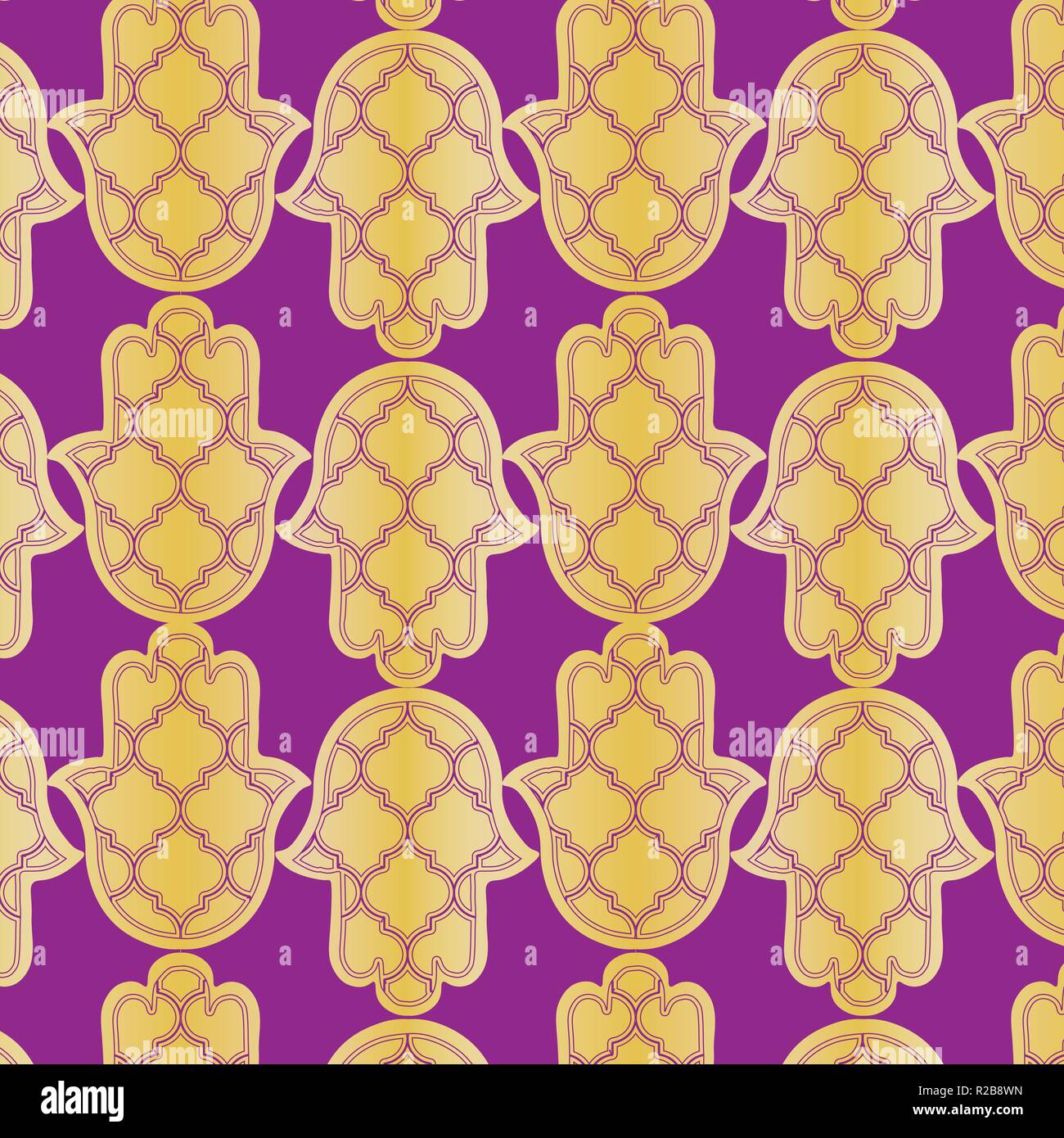 Seamless arabo khamsa mano di fatima illustrazione su un fondo oro ,pattern nel vettore. Illustrazione Vettoriale