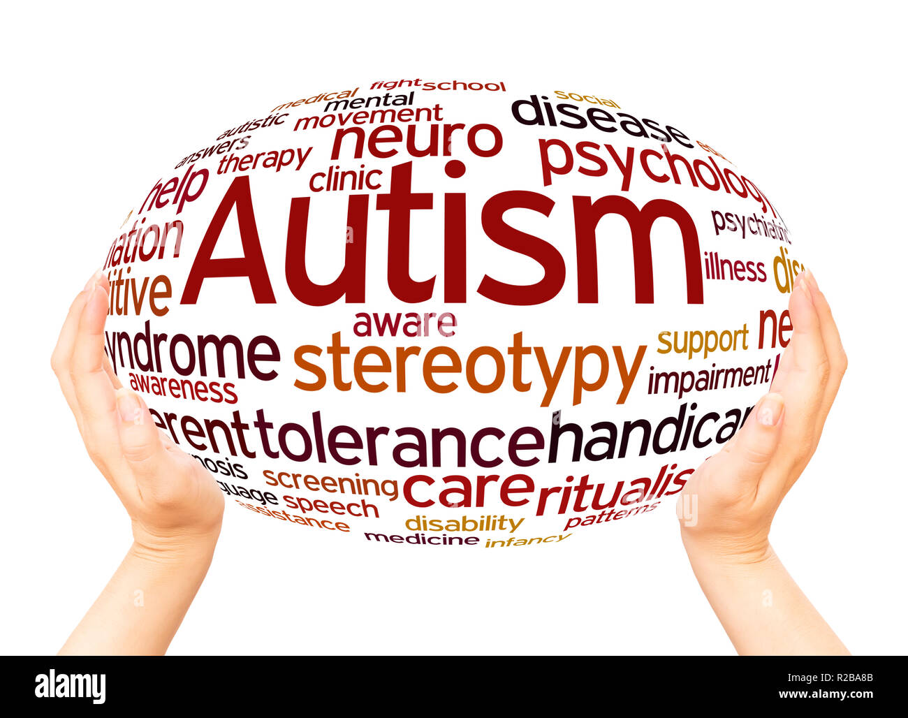 L'autismo word cloud sfera mano concetto su sfondo bianco. Foto Stock