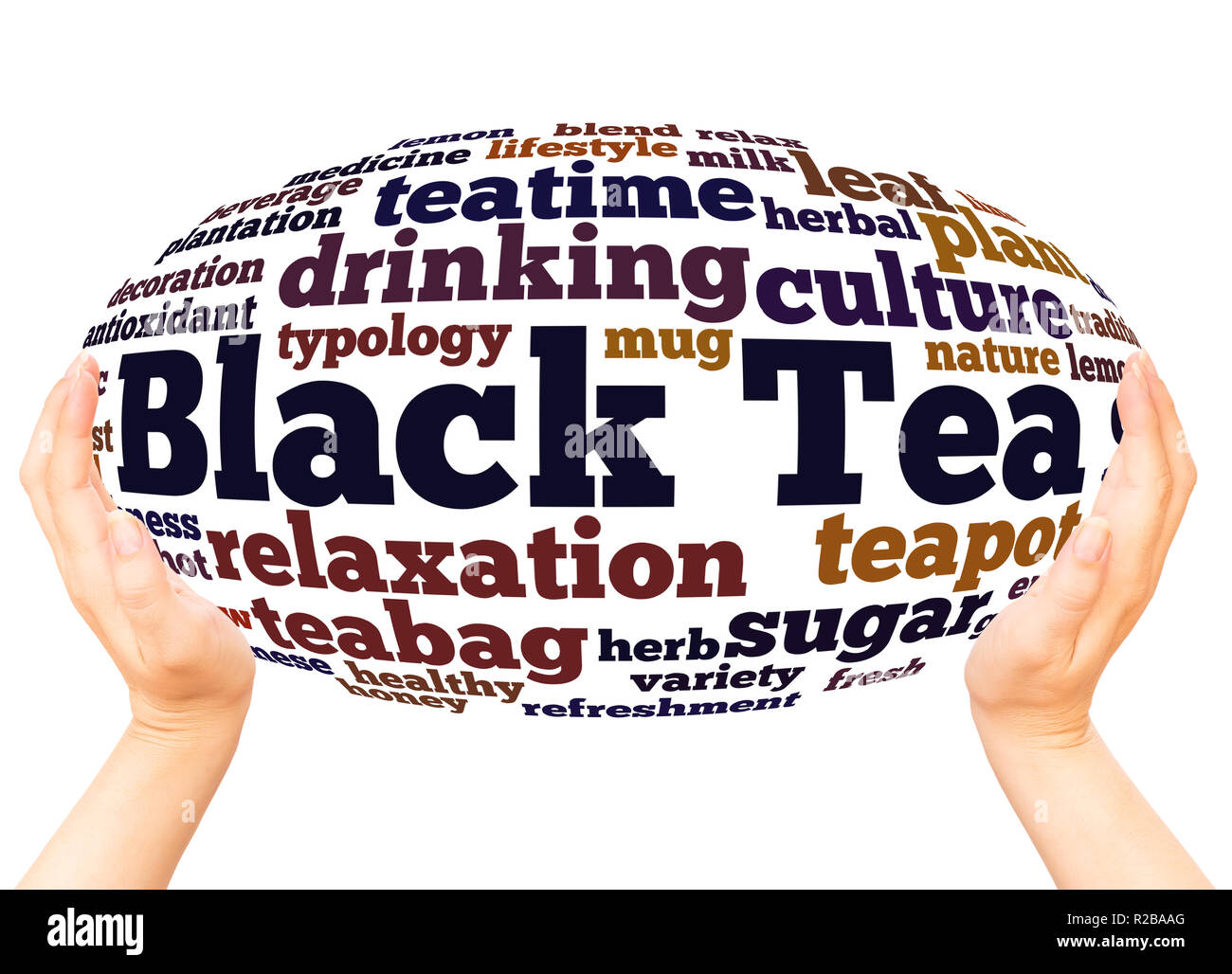 Tè nero word cloud sfera mano concetto su sfondo bianco. Foto Stock