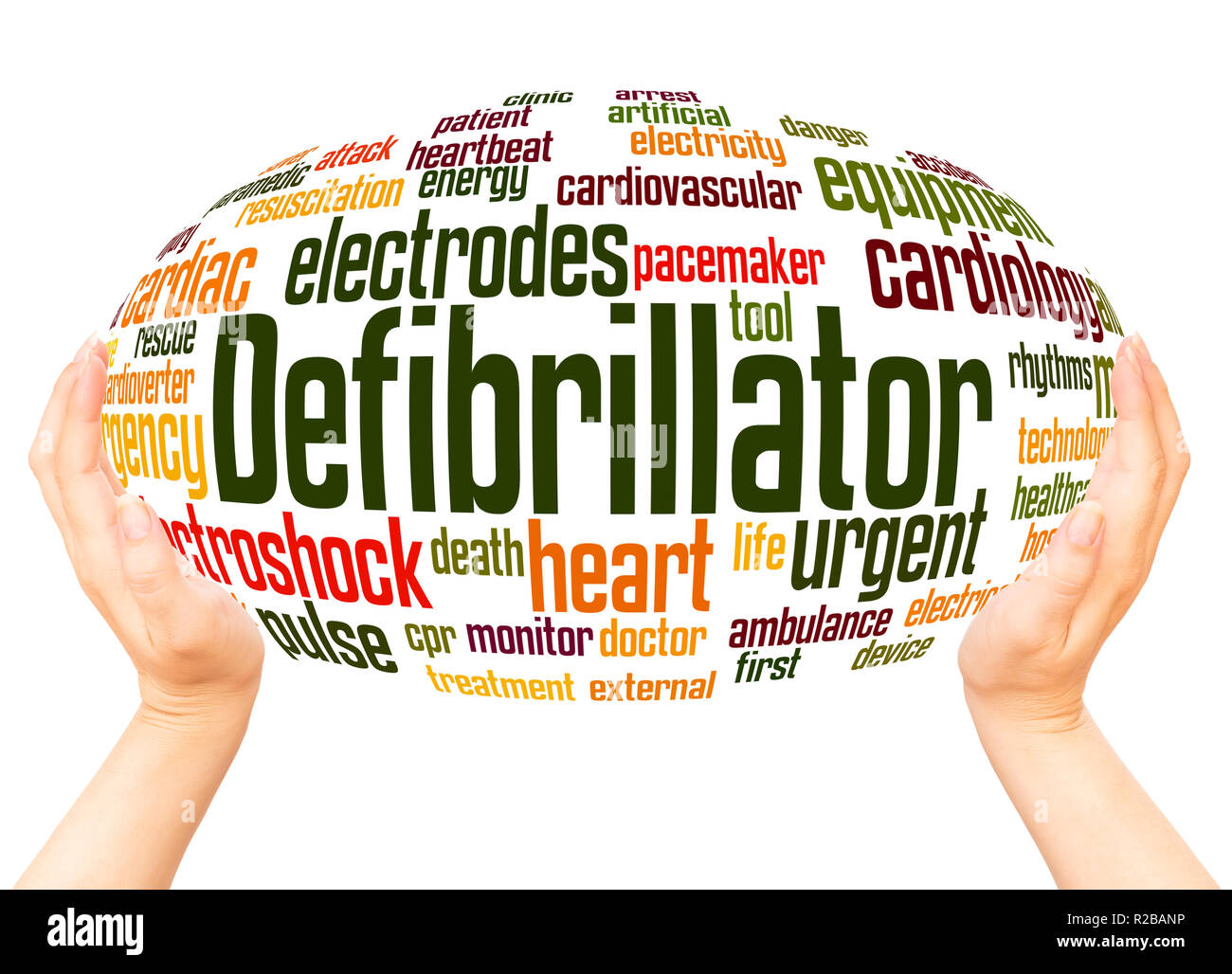 Defibrillatore word cloud sfera mano concetto su sfondo bianco. Foto Stock