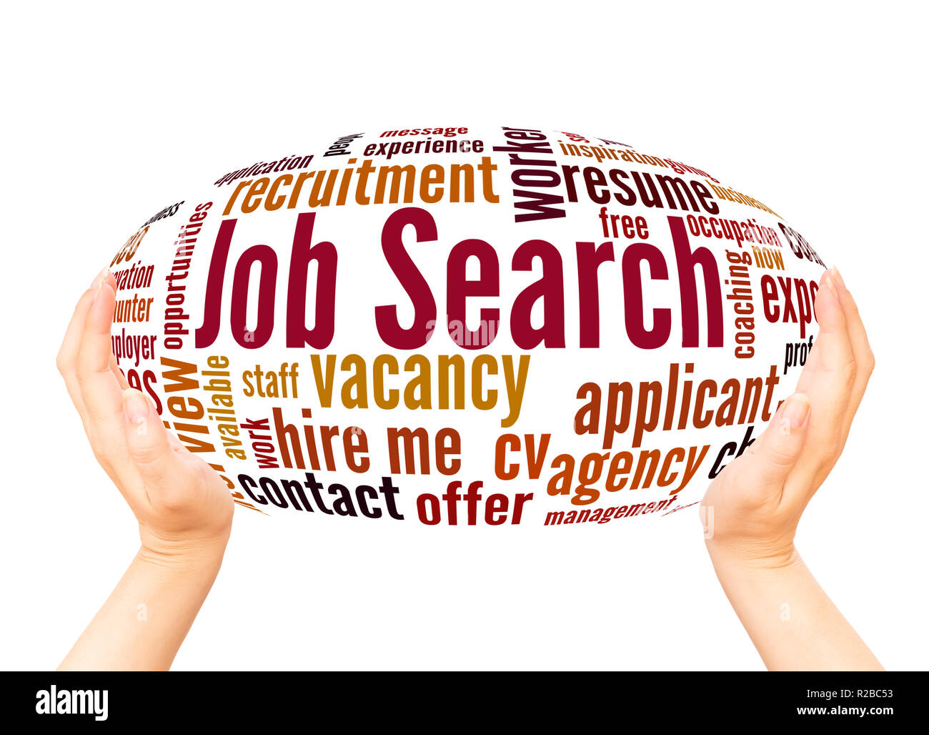 Job Search word cloud sfera mano concetto su sfondo bianco. Foto Stock