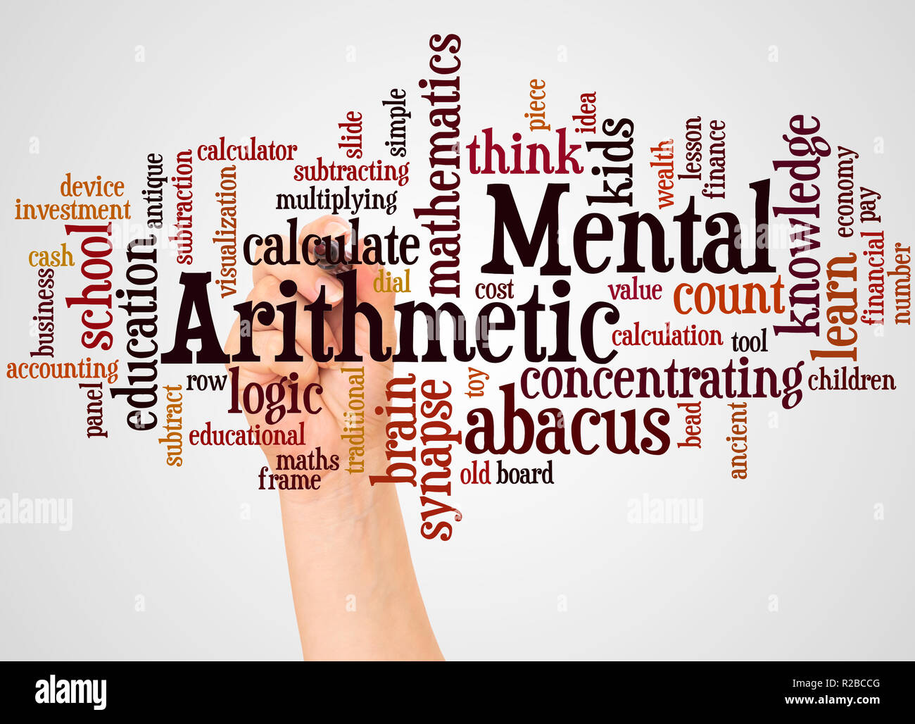 Aritmetica mentale word cloud e la mano con il concetto di marcatore su sfondo bianco. Foto Stock