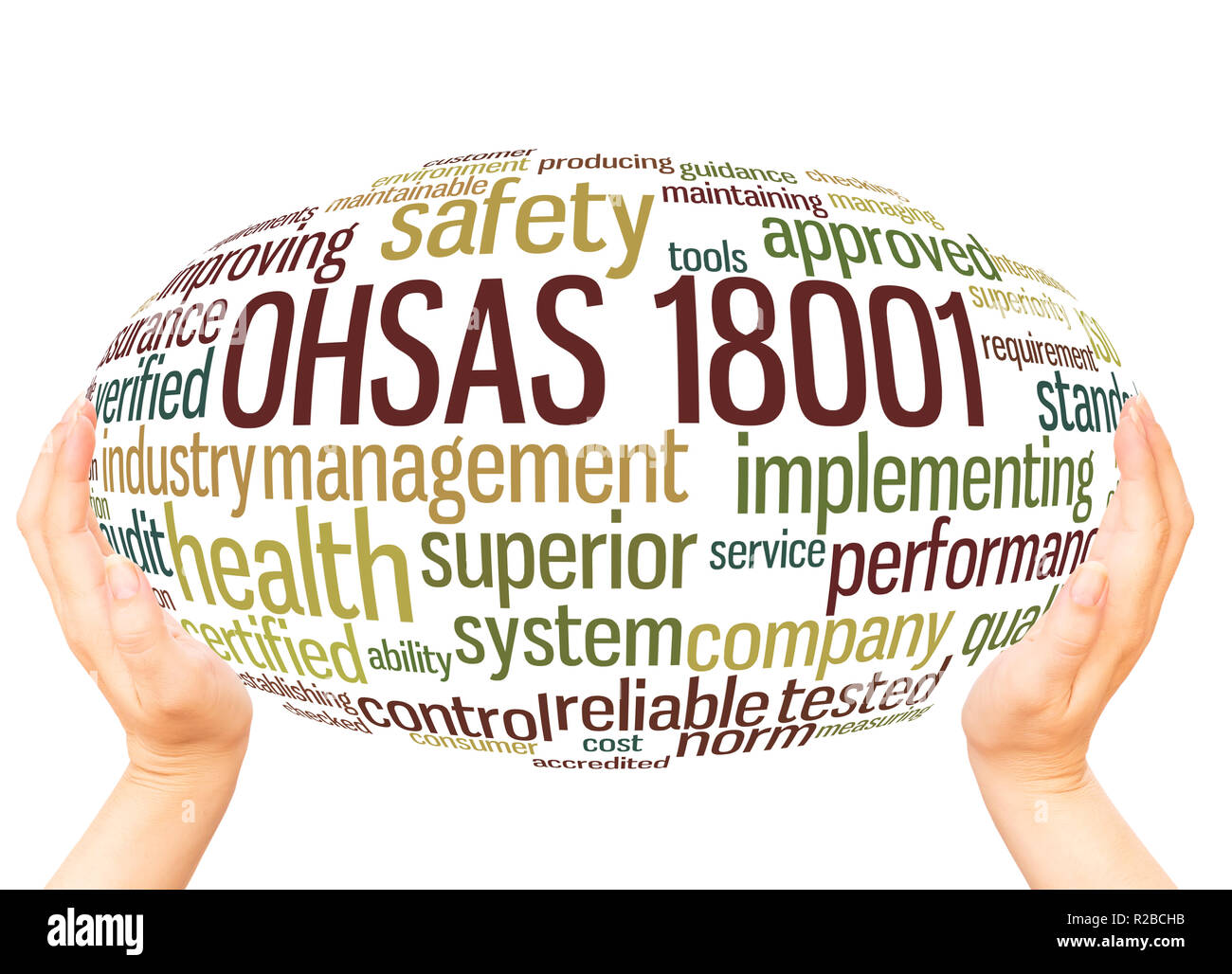 OHSAS 18001 word cloud sfera mano concetto su sfondo bianco. Foto Stock