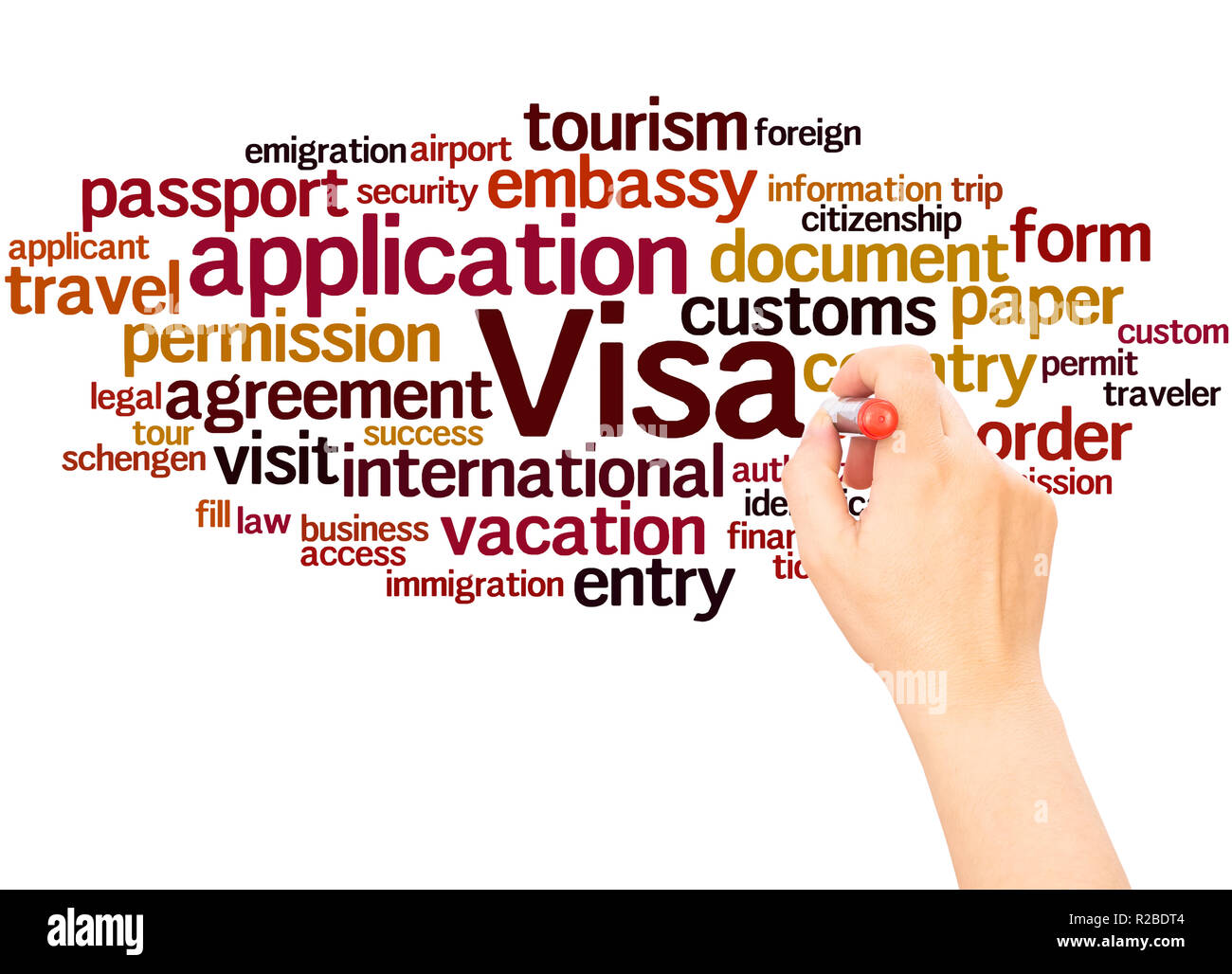 Visa Application word cloud la scrittura a mano concetto su sfondo bianco. Foto Stock