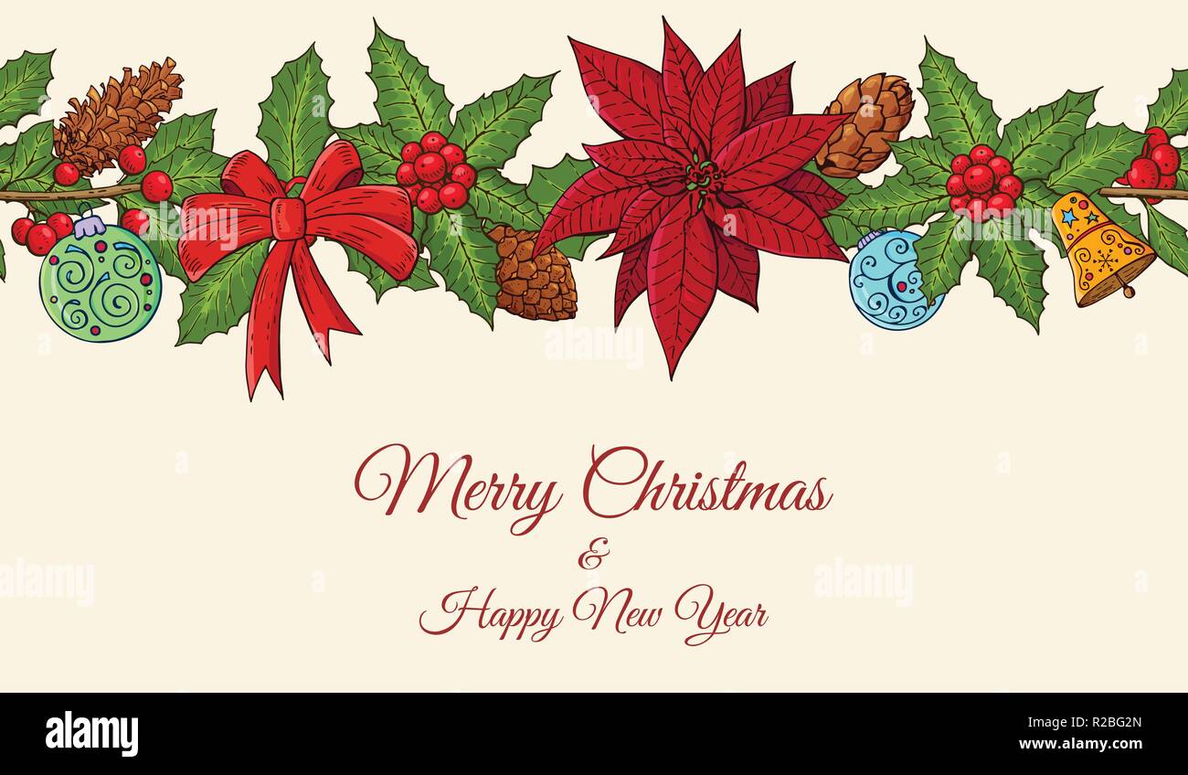 Seamless festosa pattern di confine con i tradizionali homeplant poinsettia, holly impianto ed elementi di Natale. Infinite texture per Natale design. Illustrazione Vettoriale