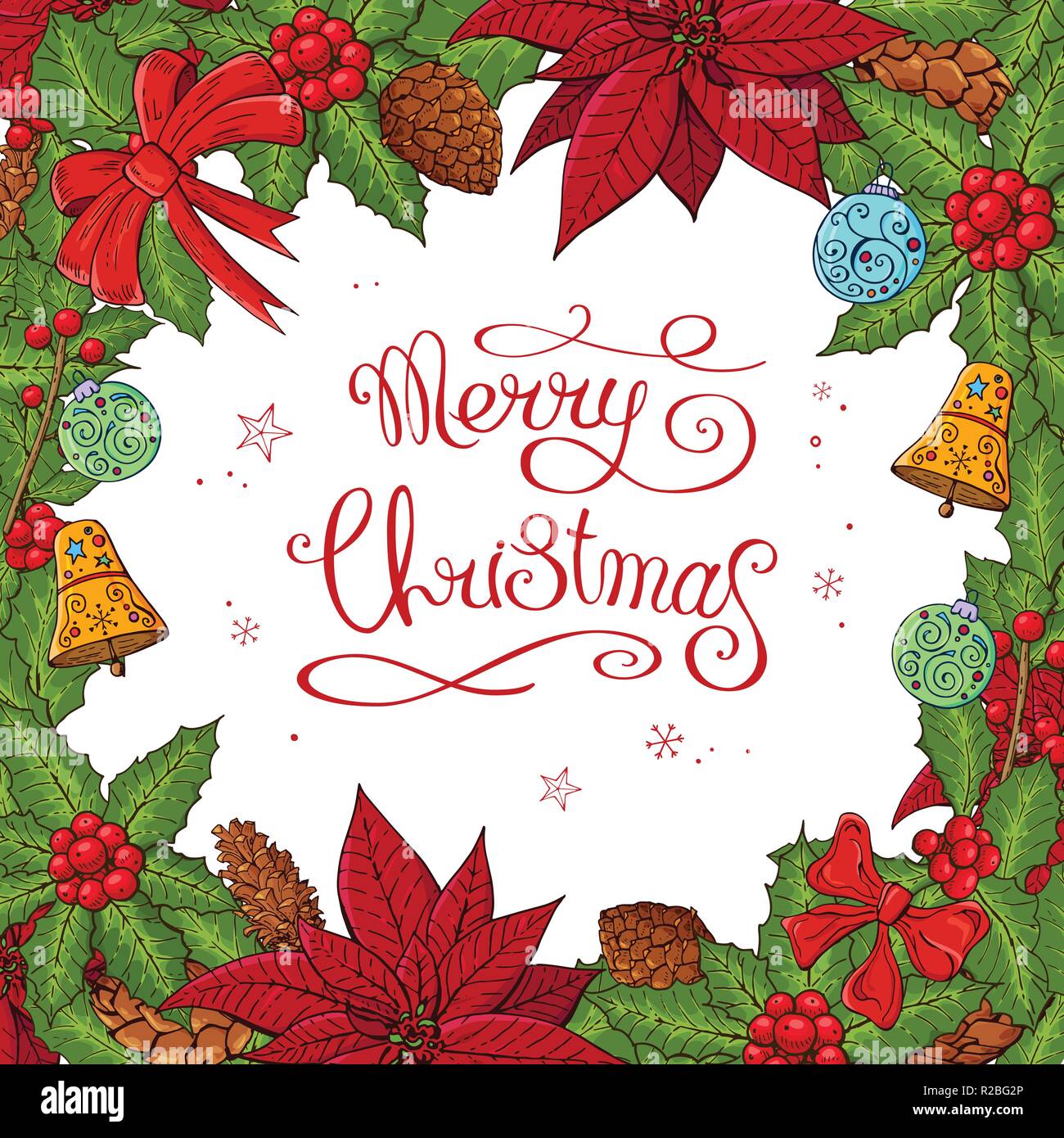 Bella carta con decorazione di Natale. Round ghirlanda decorata con la stagione festive elementi. Calligraphy frase Buon Natale. Per la stagione di saluto. Illustrazione Vettoriale