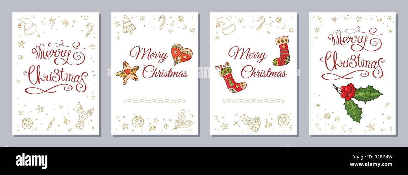 Natale biglietto di auguri o un invito impostare formato A6. Modello con i tradizionali elementi di festa. Calligraphy frase Buon Natale. Isolato su bianco. Illustrazione Vettoriale