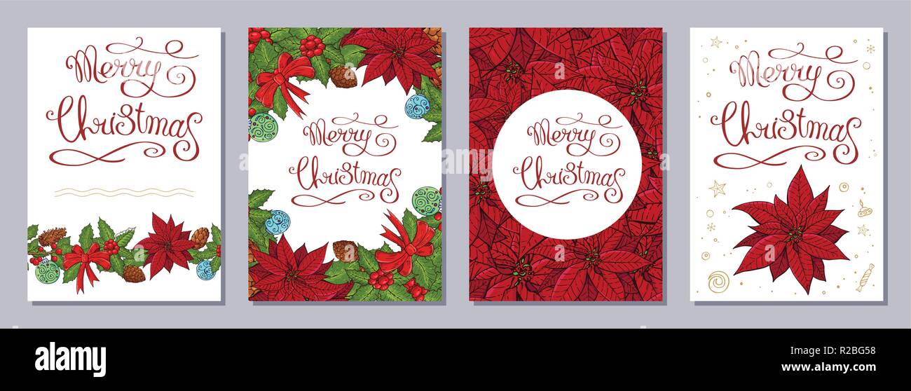 Natale biglietto di auguri o un invito impostare formato A6. Modello con i tradizionali elementi di festa. Calligraphy frase Buon Natale. Isolato su bianco. Illustrazione Vettoriale