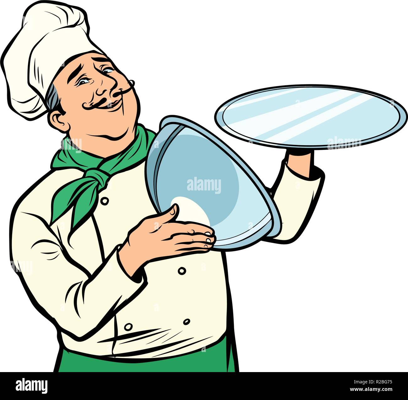 Chef con vassoio con coperchio aperto. isolare su sfondo bianco. Fumetto cartoon arte pop retrò illustrazione vettoriale disegno Illustrazione Vettoriale