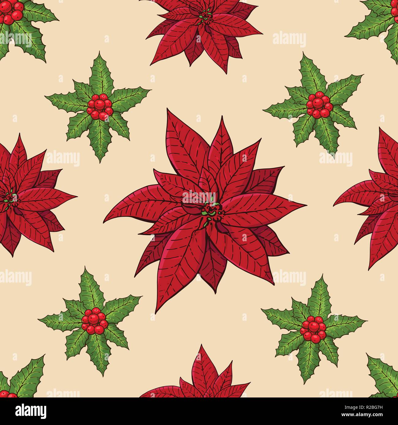 Modello senza soluzione di continuità con i tradizionali homeplant poinsettia e holly impianto. Infinite texture con fiore usate in ambienti interni. Vettore Illustrazione a colori. Illustrazione Vettoriale